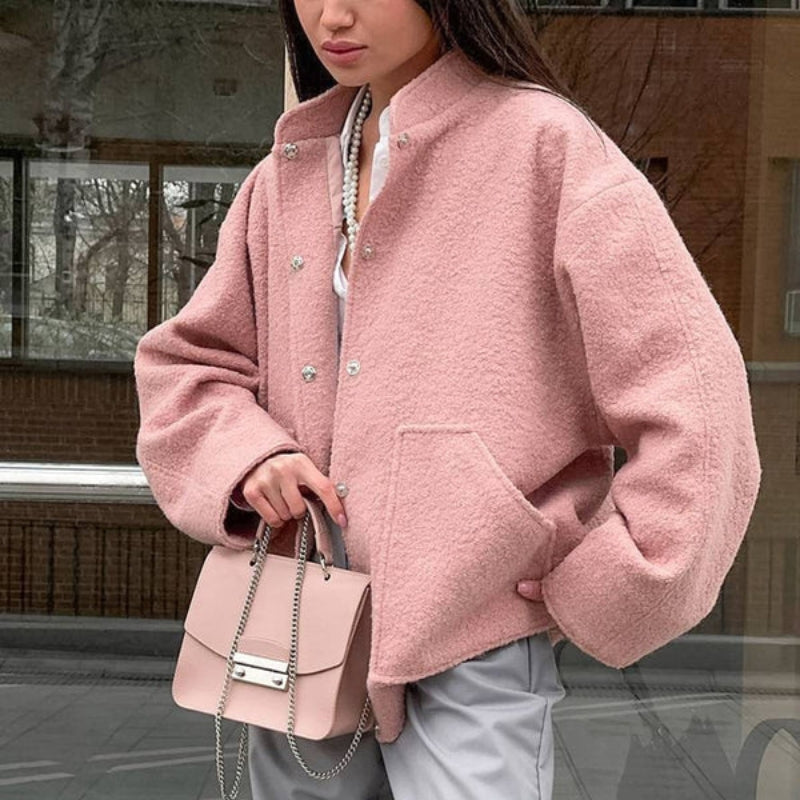 Ruby - Lange Mouw Jas met Opstaande Kraag en Zijzakken