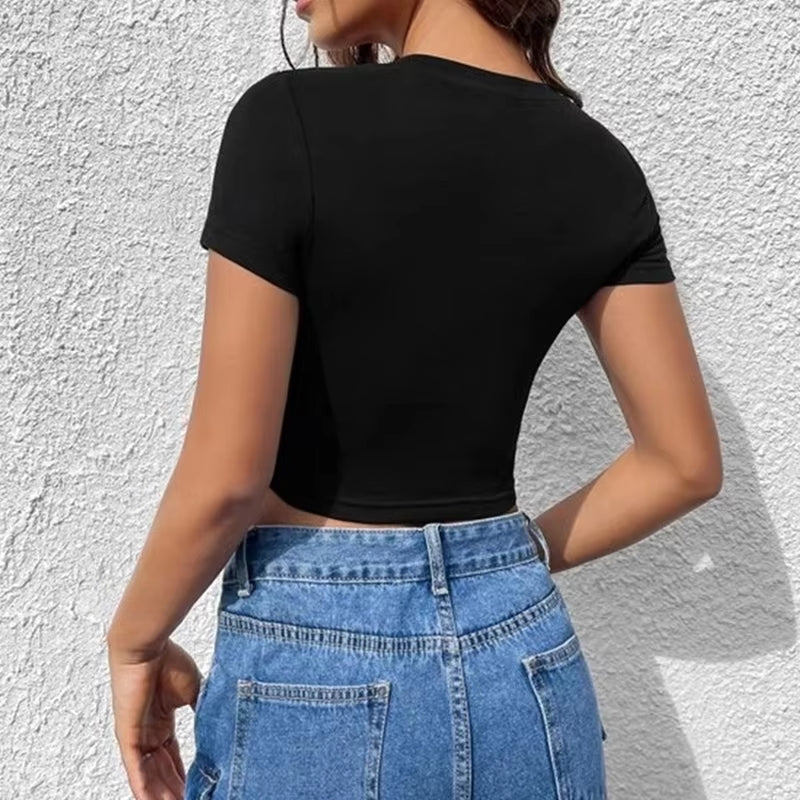 Riley - Crop Top met Vlinderprint en Ronde Hals