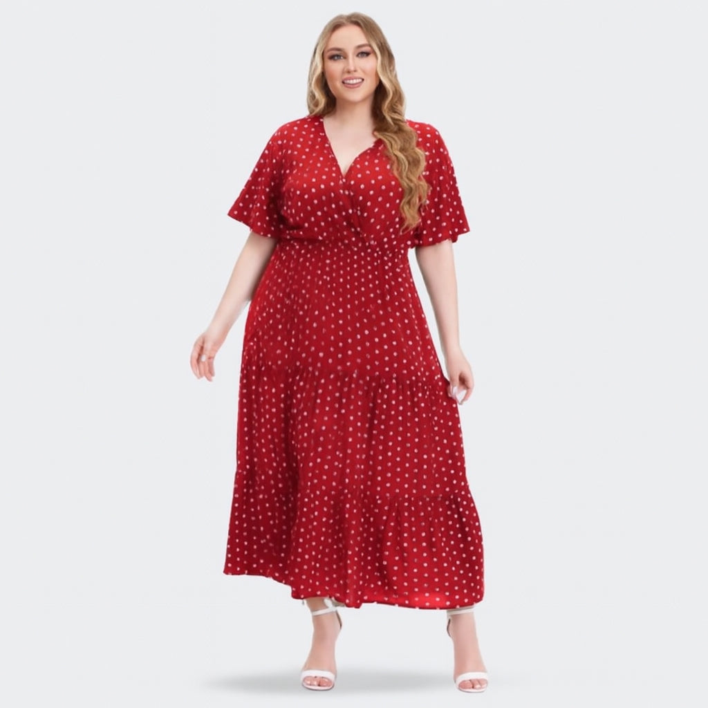 Ingrid - Plus Size Boho Maxi Jurk met Polka Dots en V-hals
