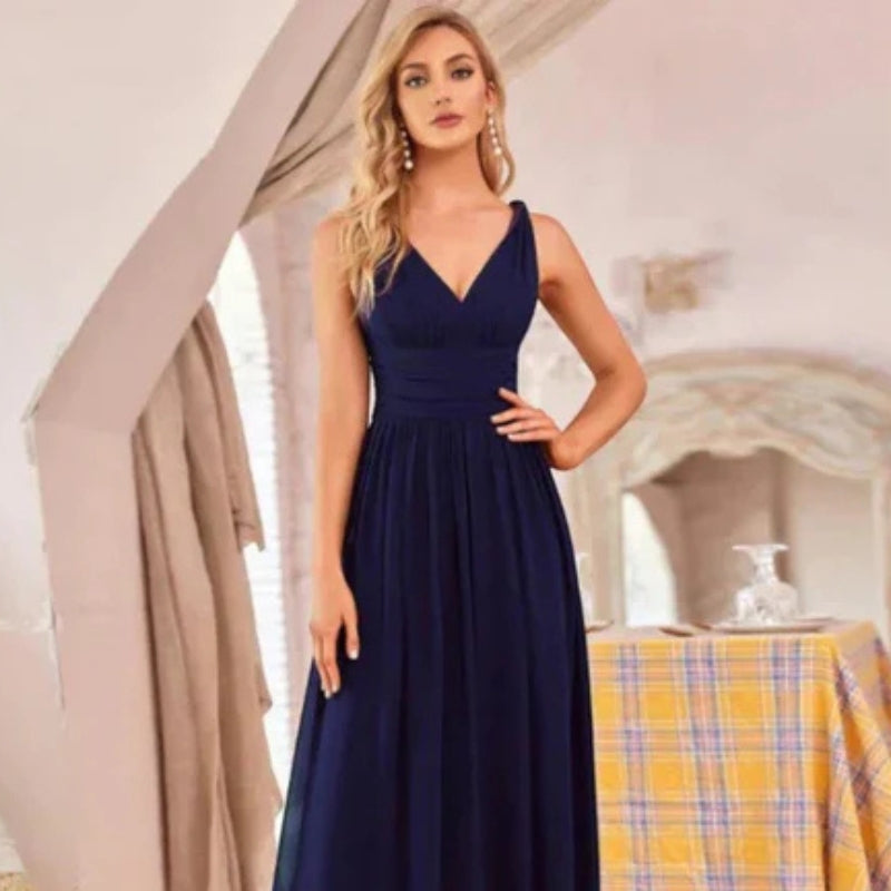 Catherine – Mouwloze Maxi jurk met A lijn en V hals