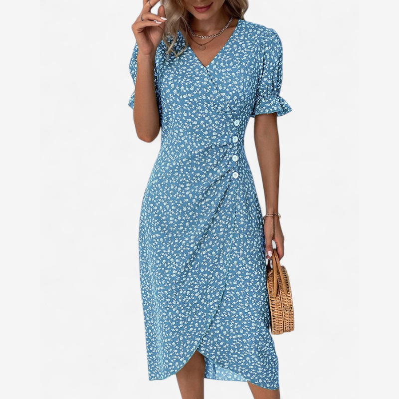 Elena – Bloemige Boho V Hals Jurk met Pofmouwen