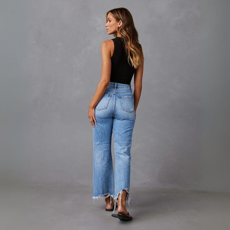 Madison – Skinny Broek met Hoge Taille en Versleten Details