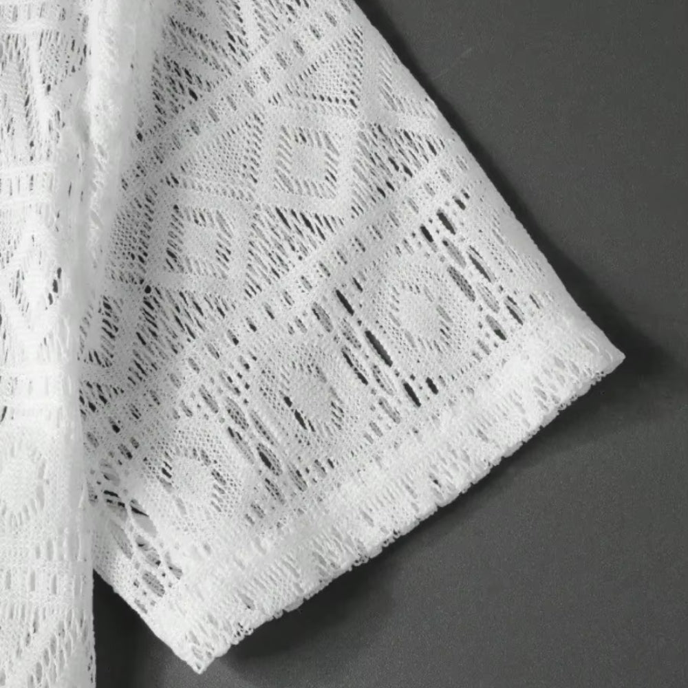 Henk - Transparant Gehaakt Shirt met Ethno-Patroon en Korte Mouwen