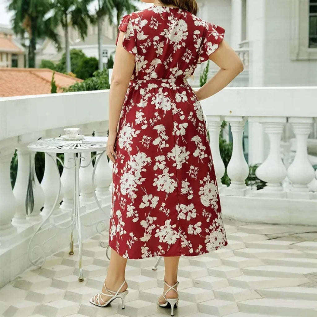 Yvonne - Plus Size A Lijn Midi Jurk met Floral Print en V Hals