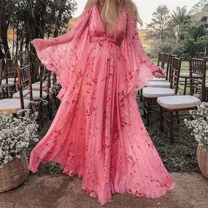 Liana – Maxi-jurk met diepe V-hals en vleermuismouwen