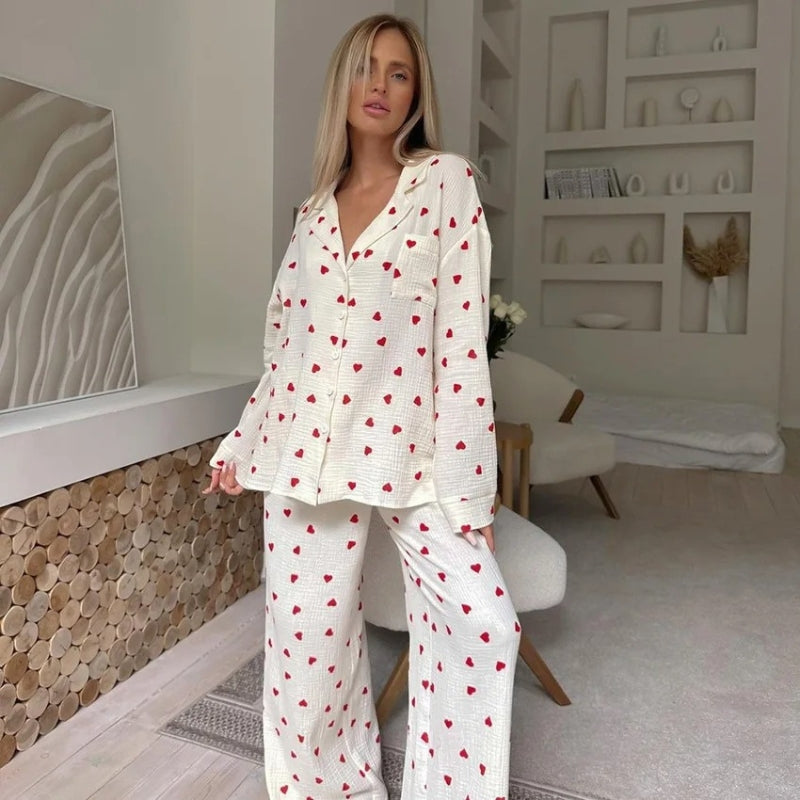 Luna - Hart Print Lounge Set met Knop Down Top en Wijde Broek