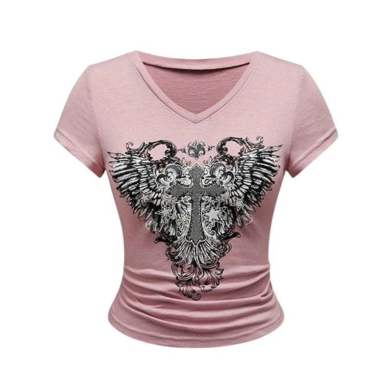 Layla - T Shirt met Grafisch Motief en V Hals