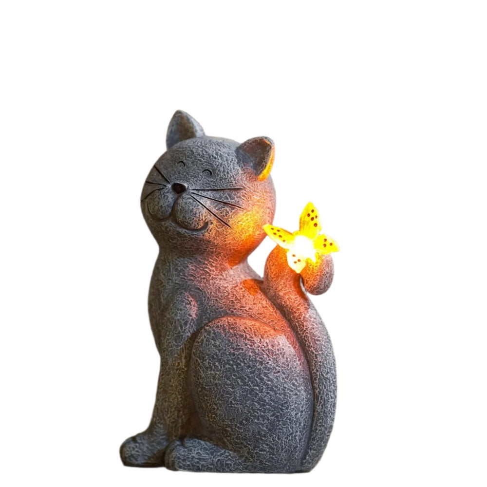 CatyLume - Zonne-kittenfiguur met vlinder en rond lantaarnlichaam voor tuindecoratie