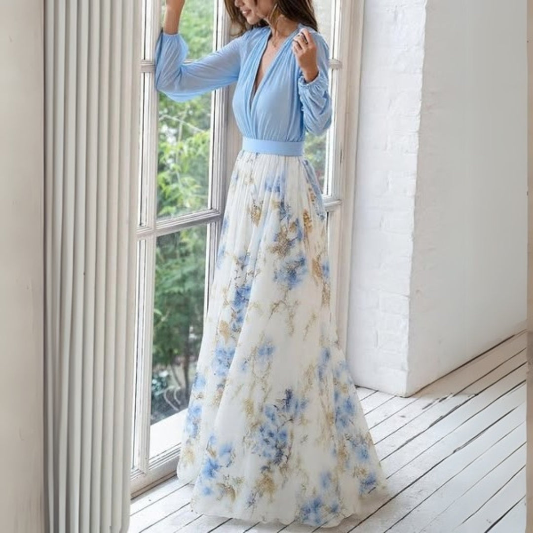 Emma - Bloemen Maxi Jurk met V Hals en Lange Mouwen