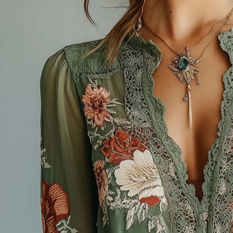Hazel – Lichtgewicht Bloemenblouse met V hals en Lange Mouwen