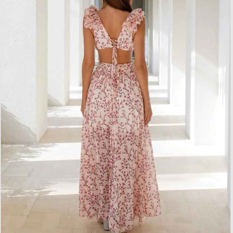 Mariana - Mouwloze Maxi Jurk met V Hals en Bloemenprint
