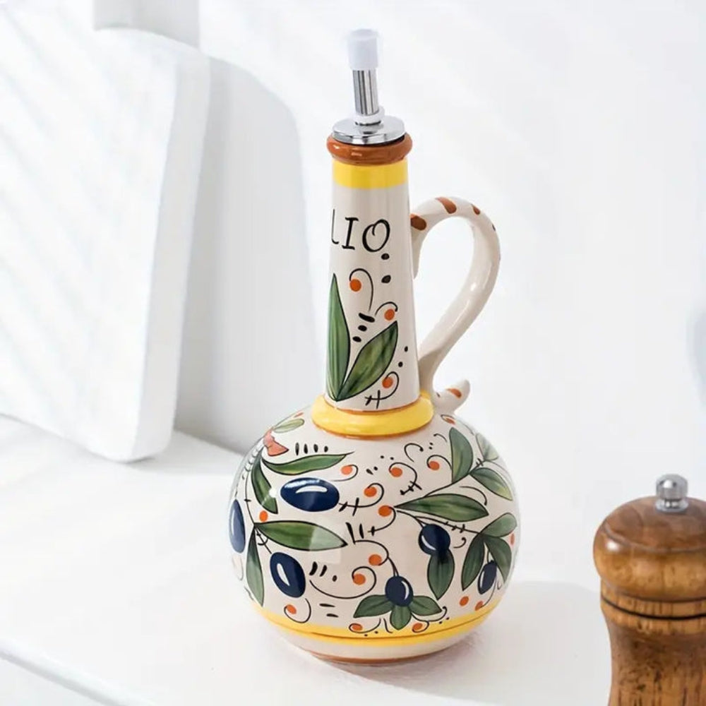 OliveBloom – Handbeschilderde dispenser-oliefles met bloemenmotief en smalle hals