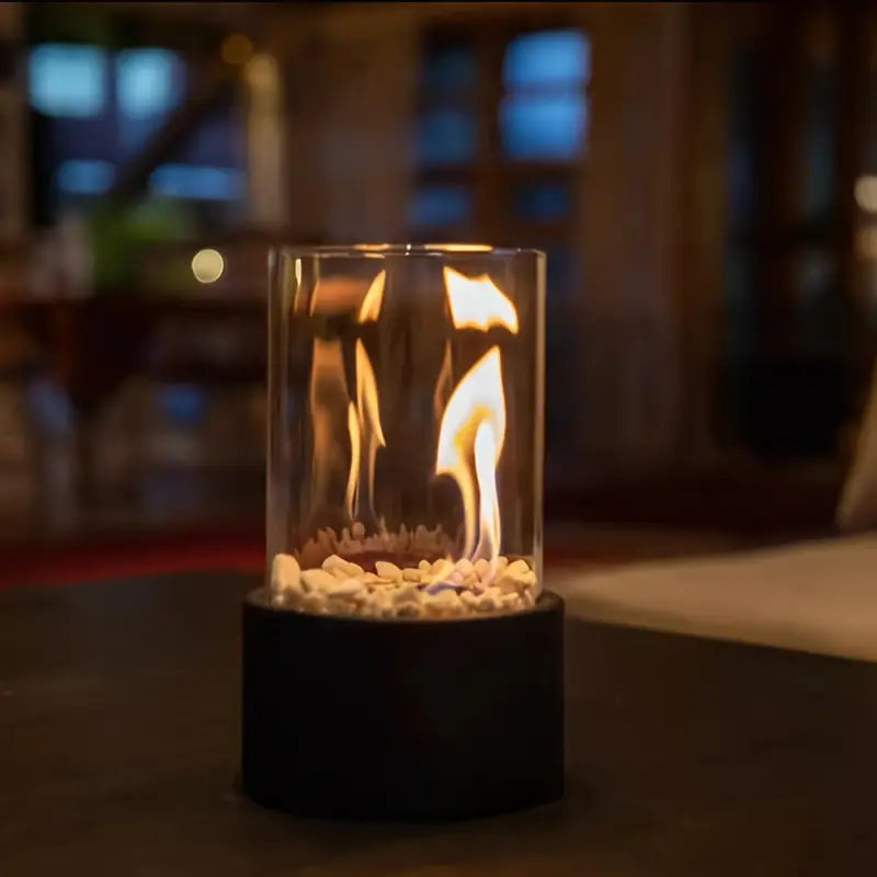 LumiFlame – Strakke, draagbare tafelhaard met glazen cilinder voor moderne warmte