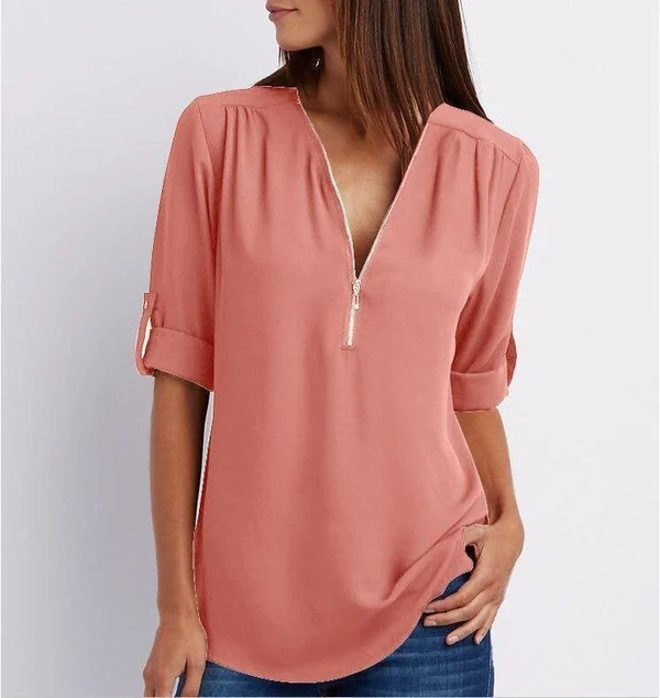Siena – Losse blouse met ritssluiting aan de voorkant en diepe V-hals
