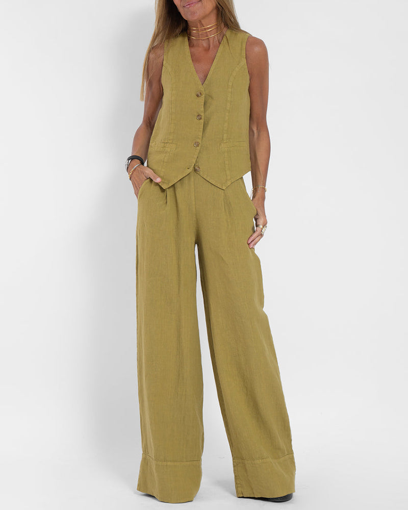 Lena - Elegante 2-delige set met wijde broek & Button-Down vest