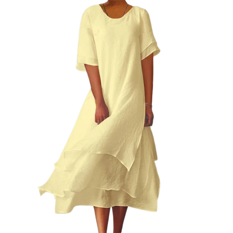 Sophie – Korte Mouwen Color-Block Jurk met Ronde Hals en Zijsplit