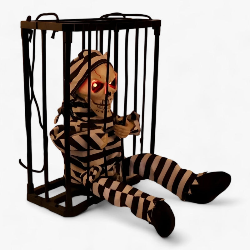 FrightCorp – Pratend animatronisch gevangenisskelet met verlichting en geluid