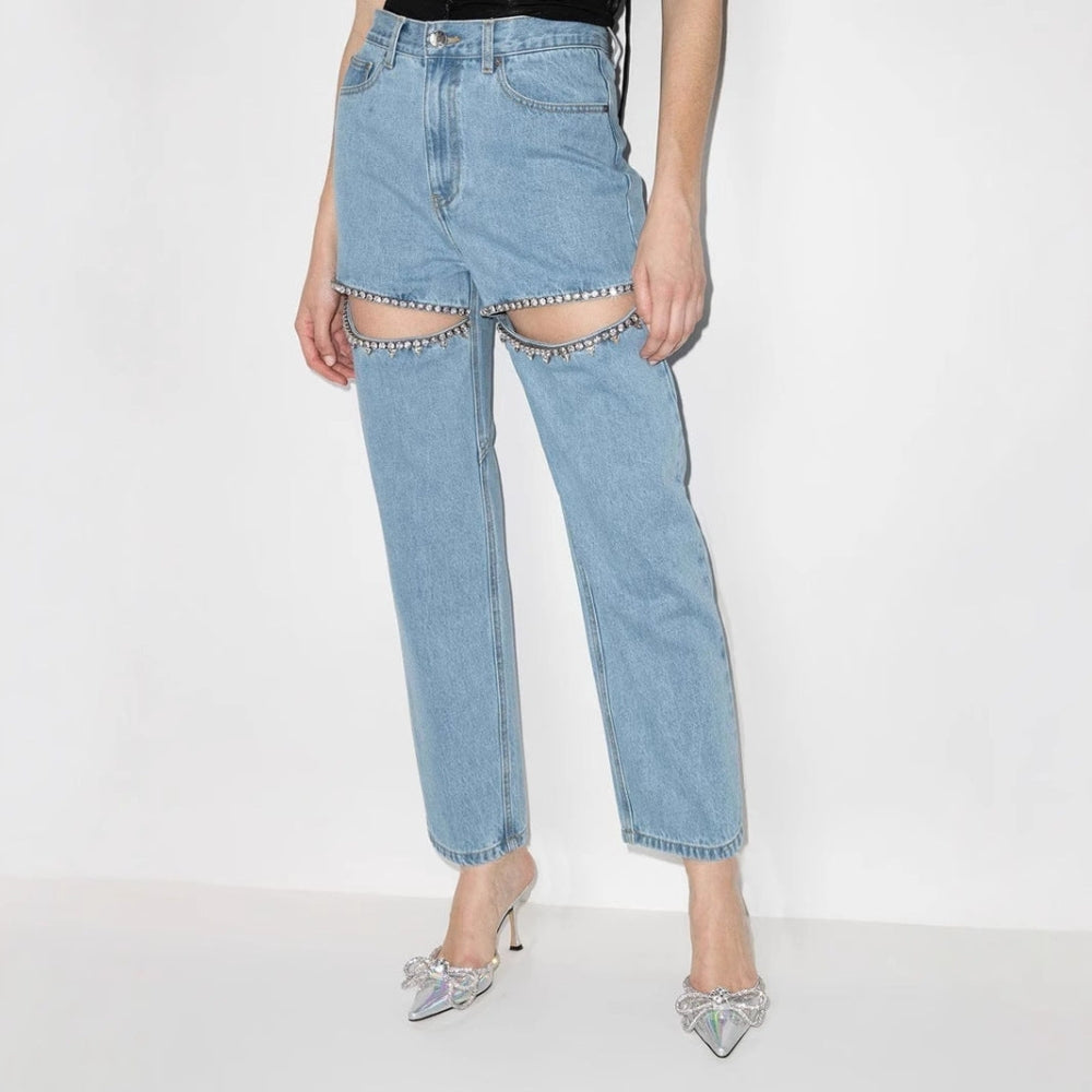 Stella - Stijlvolle jeans met hoge taille gestreepte uitsparing en praktische zakken