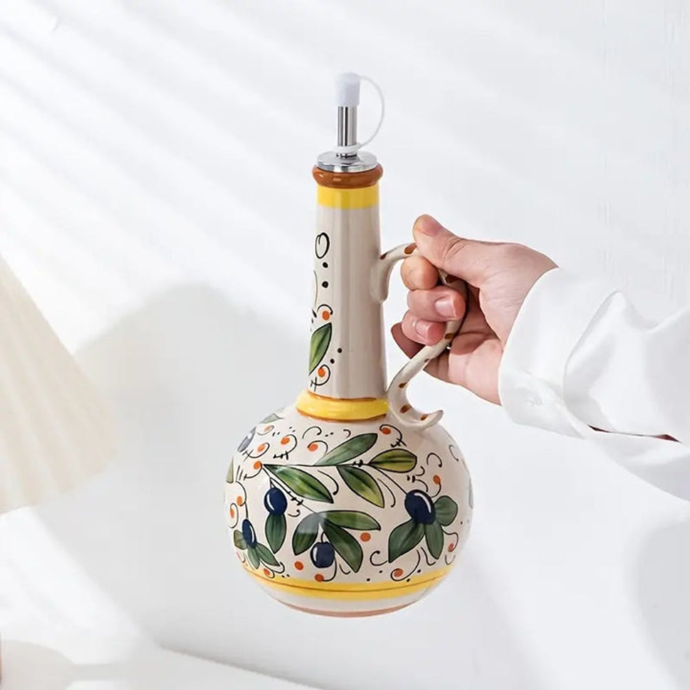 OliveBloom – Handbeschilderde dispenser-oliefles met bloemenmotief en smalle hals