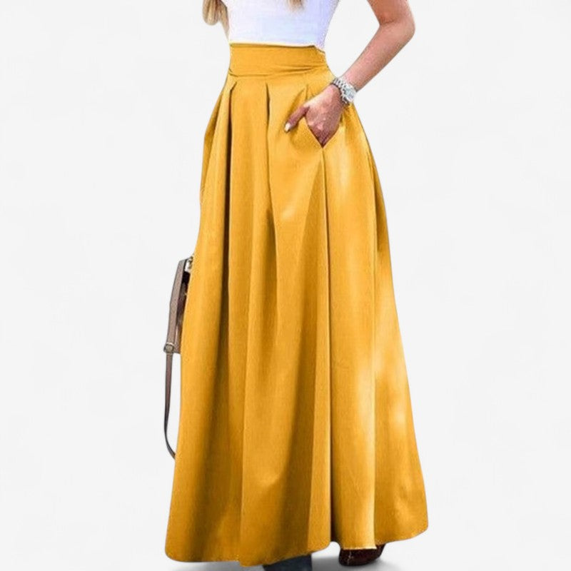 Bella – Geplooide Lange Rok met Hoge Taille en Zakken