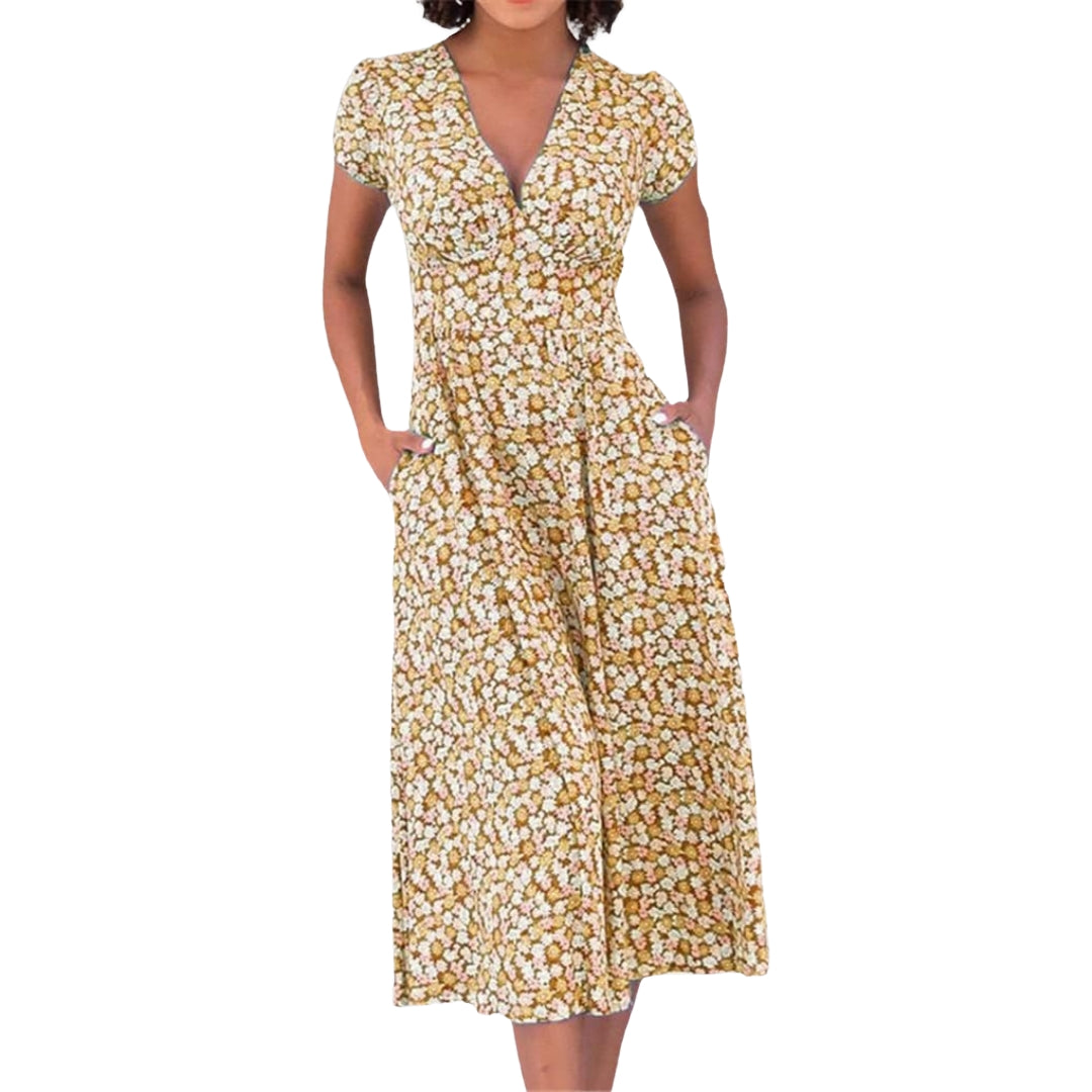Emily - Midi jurk met bloemenprint V hals en zakken aan de zijkant
