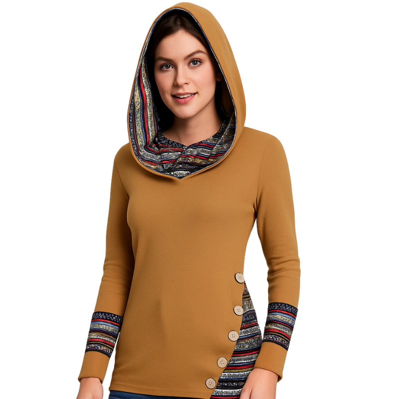Emme – Gebreide Hoodie met Lange Mouwen, Knopen en Geometrische Strepen