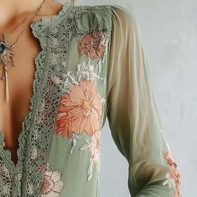 Hazel – Lichtgewicht Bloemenblouse met V hals en Lange Mouwen