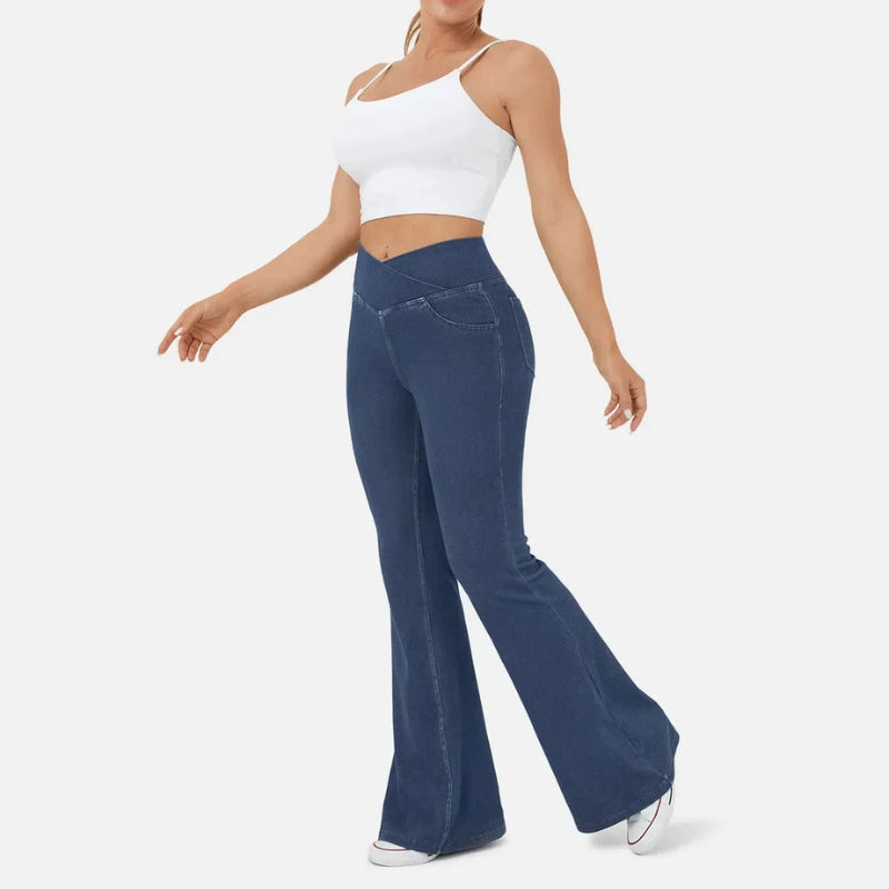 Aria – Retro hoge taille Uitlopende Jeans met Kruisende Tailleband