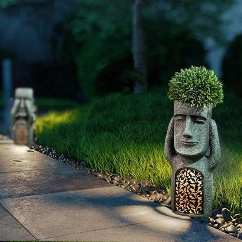 StoneMuse – Abstracte Gezicht Bloempot met Zonne-LED