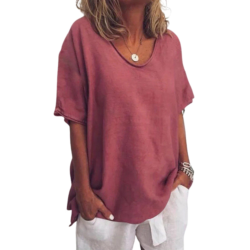 Evelyn - V hals Blouse met Korte Mouwen en Losse Pasvorm