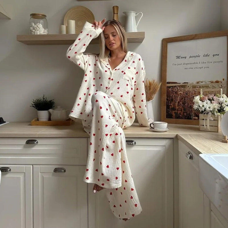 Luna - Hart Print Lounge Set met Knop Down Top en Wijde Broek