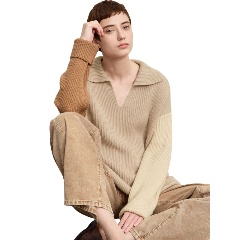 Sophia – V Hals Color Block Trui met Losse Pasvorm en Verlaagde Schouders