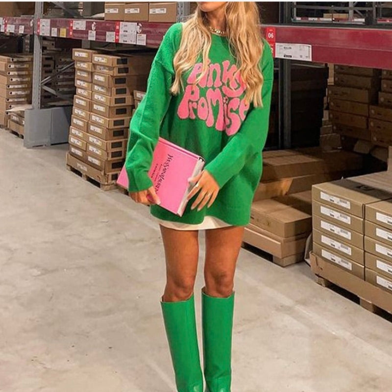 Beyonce - Lange Mouw Mini Trui Jurk met Ronde Hals en Geribbelde Details