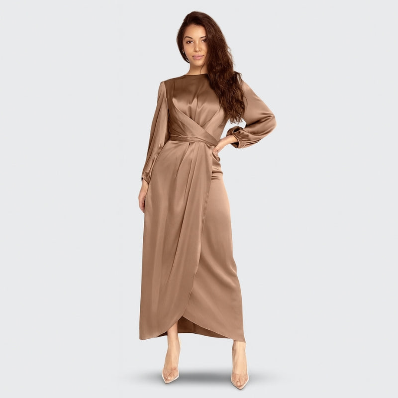 Elena - Moderne Lange Jurk met Pofmouwen en Taille Detail
