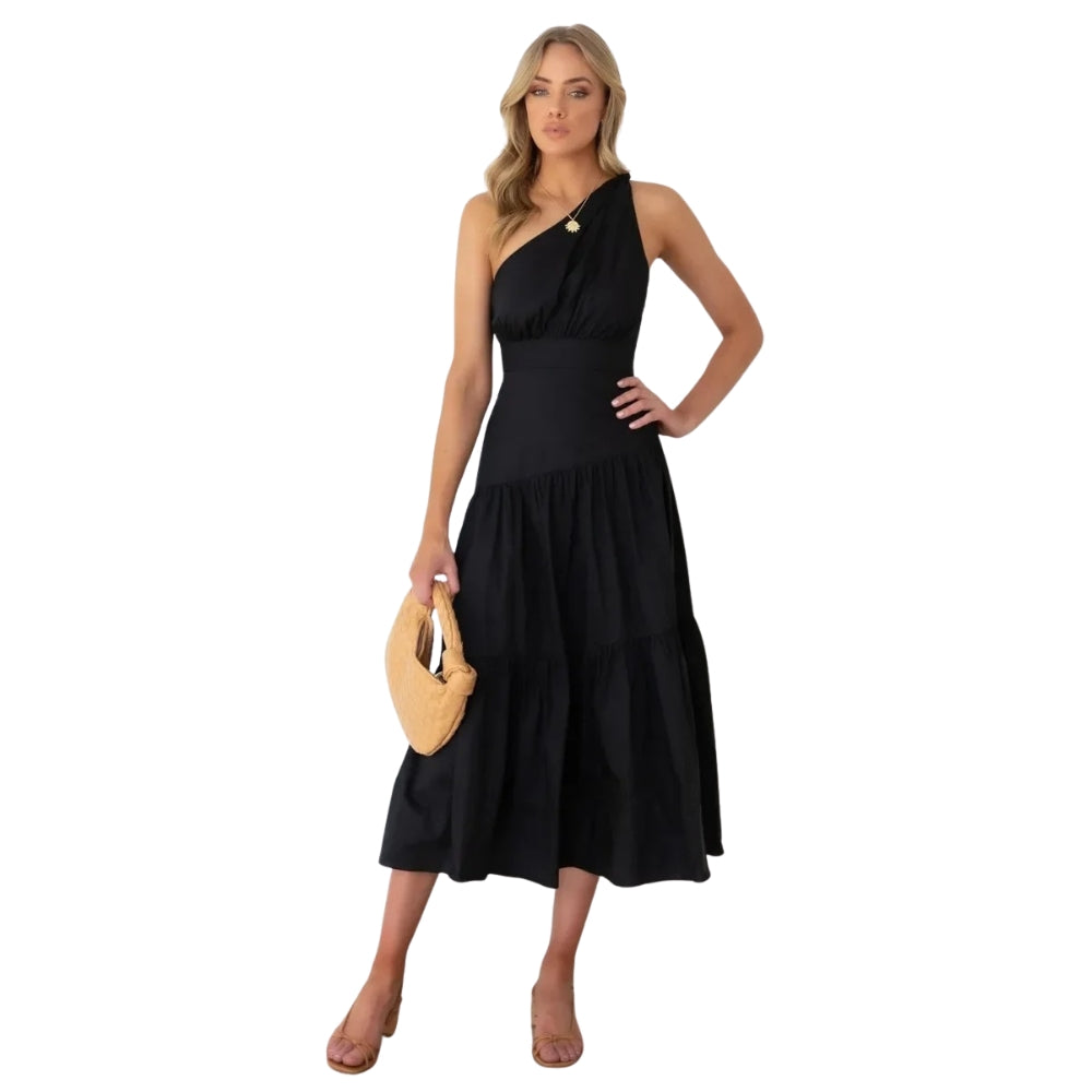Fiona – Midi-jurk met één schouder en zachte draperie