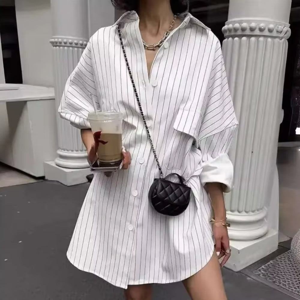Fenna - Oversized Gestreepte Shirtjurk met Lange Mouwen