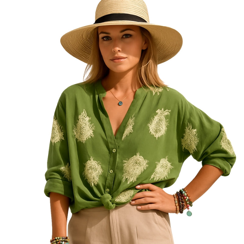 Isla – Blouse met lange mouwen, knoopsluiting en V-hals