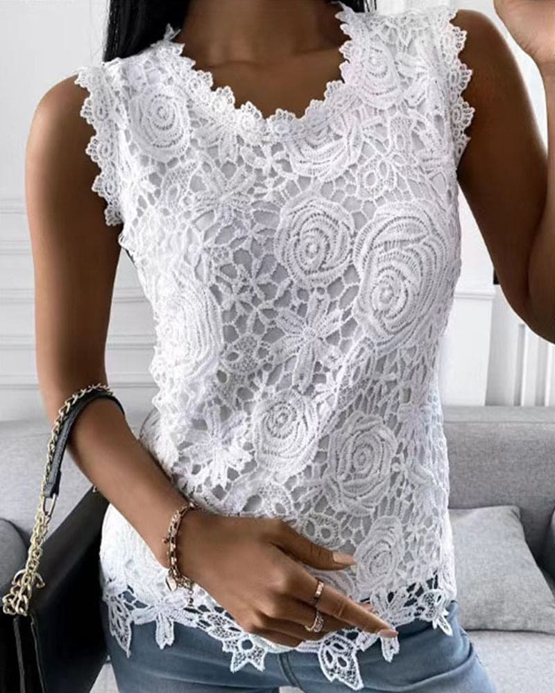 Elin - Lichtgewicht ronde hals kant mouwloze blouse