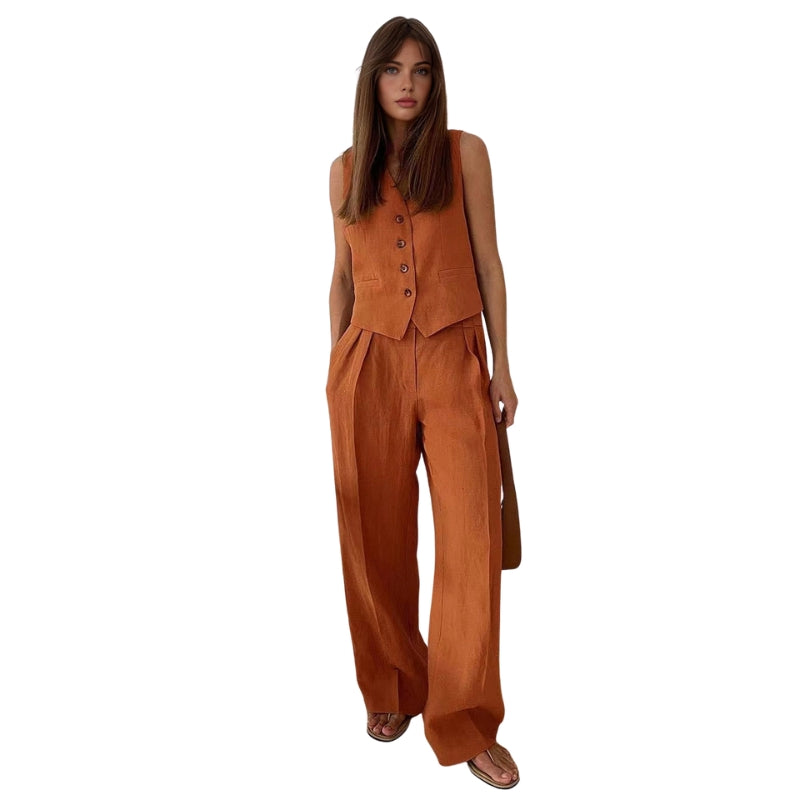 Elora – Tailored tweedelige set met mouwloze top en wijd uitlopende broek