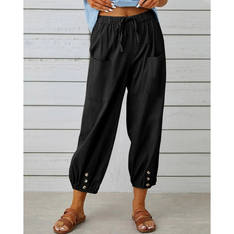 Mila – Relaxed Fit Broek met Trekkoord Taille en Zakken details