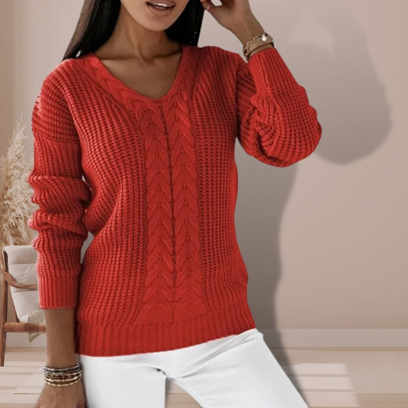 Elizabeth – Trui met Lange Mouwen V Hals en Geribbelde Details
