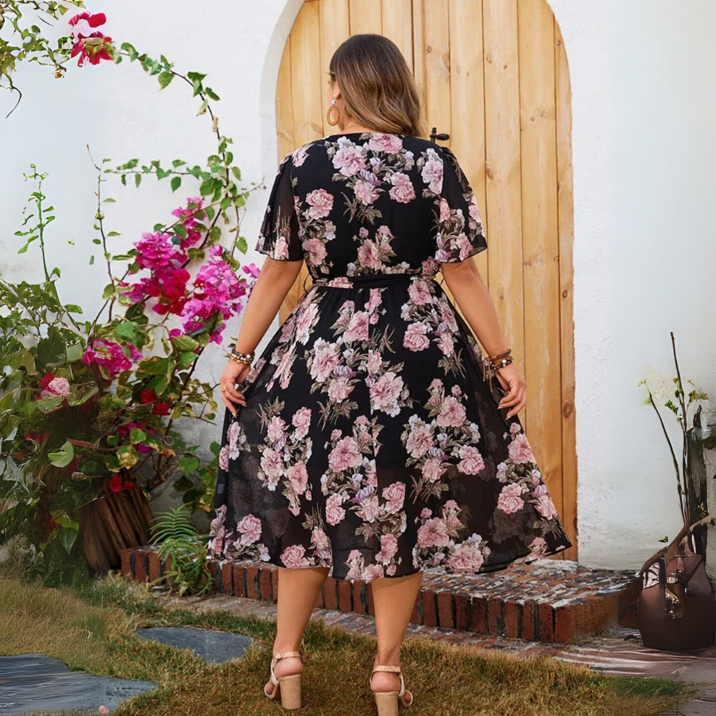 Linda - Plus Size Bloemen Midi Jurk met Vlindermouwen en Riem