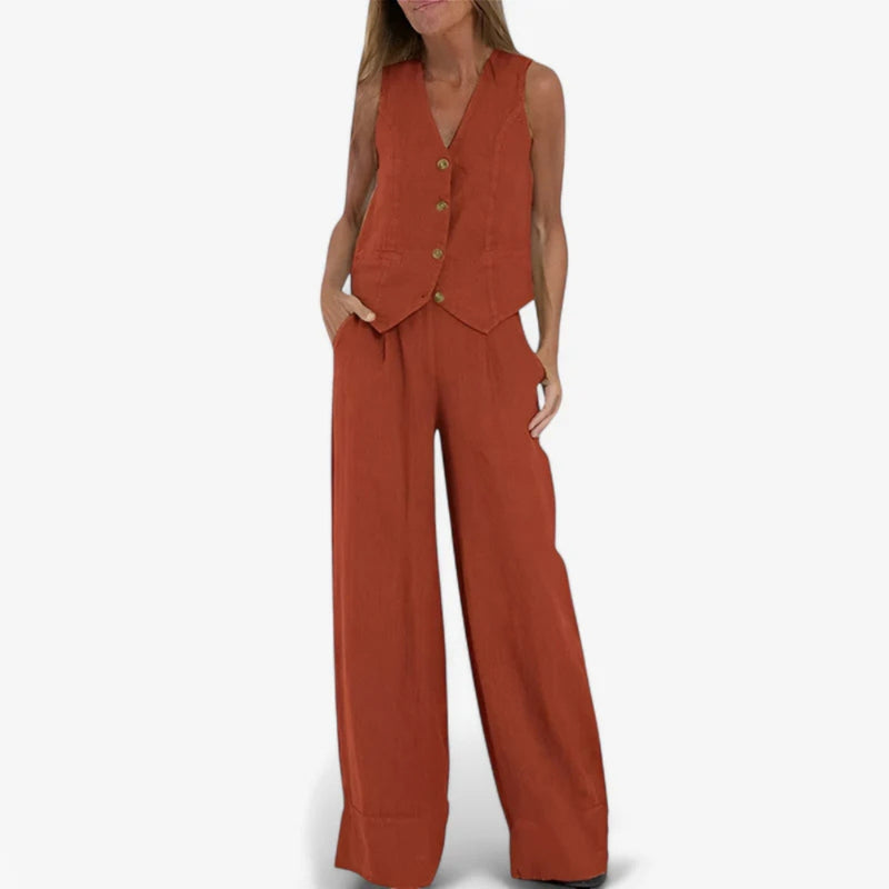 Lina - Elegante tweedelig set met knoopvest en wijde broek