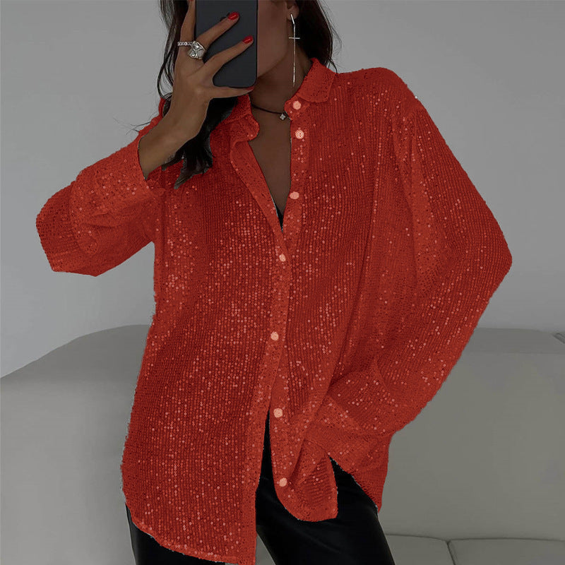Luna - Sequin blouse met lange mouwen en klassieke kraag