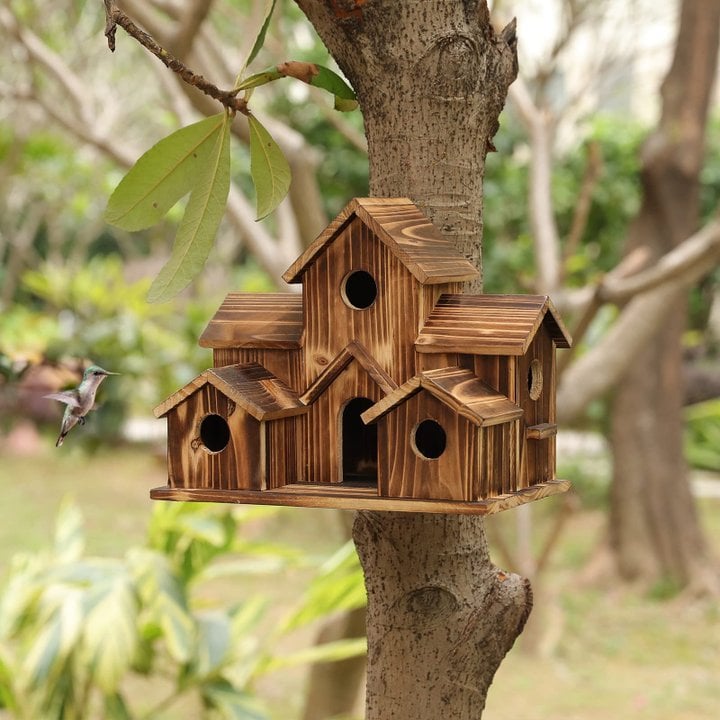 NestHaven - Handgemaakt vogelhuisje met 6 gaten en blokhutontwerp voor tuin en vogels