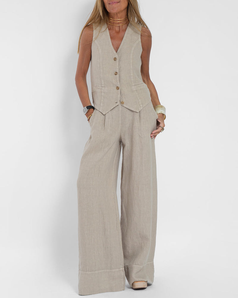 Lena - Elegante 2-delige set met wijde broek & Button-Down vest
