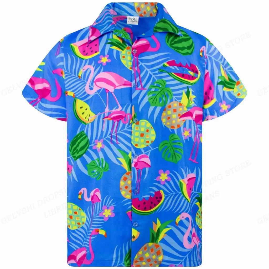 Marco - Overhemd met tropische flamingoprint en korte mouwen