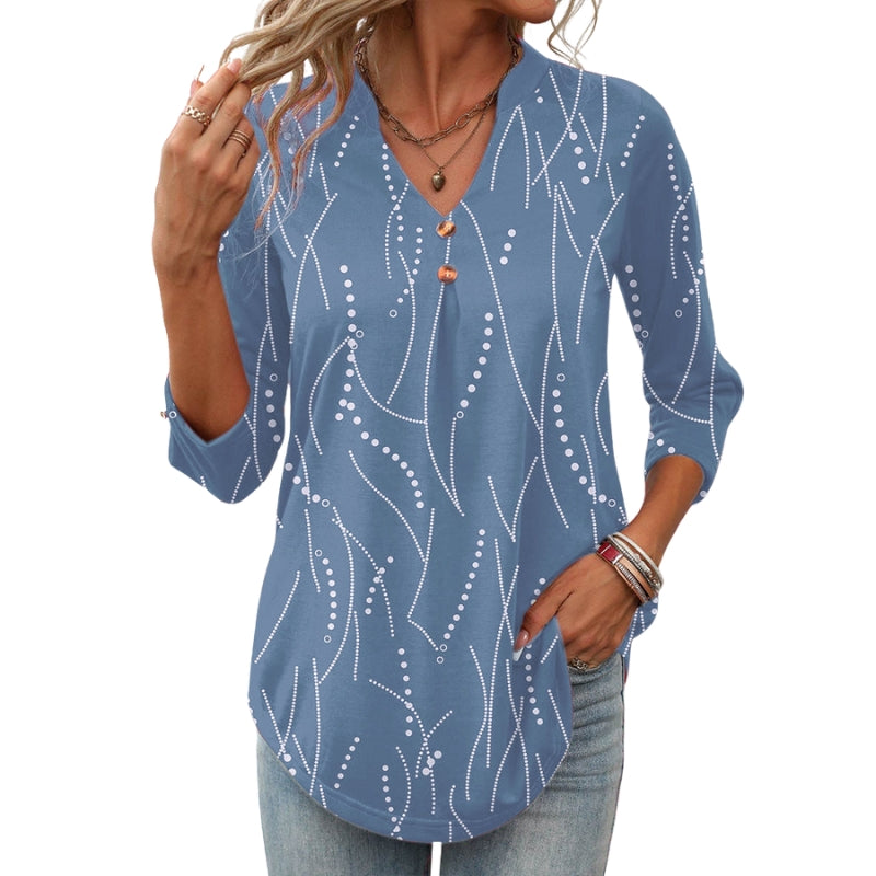 Isla – Bedrukte Blouse met V Hals en Knoopdetails