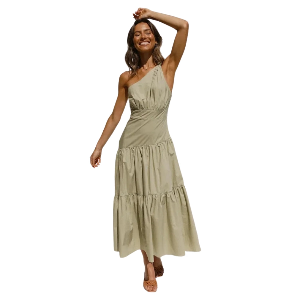 Fiona – Midi-jurk met één schouder en zachte draperie