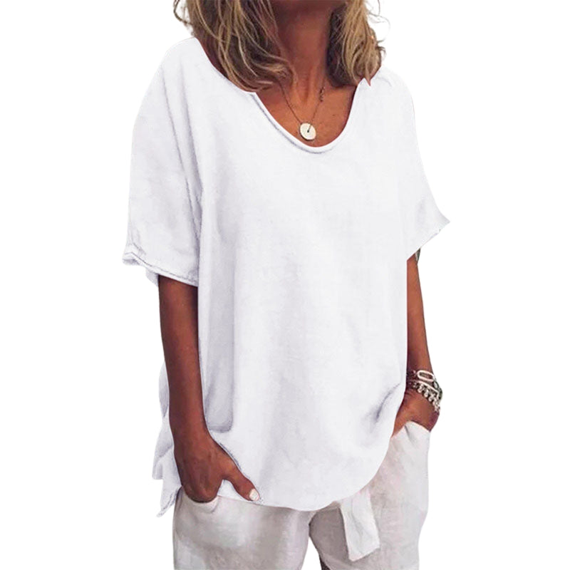 Evelyn - V hals Blouse met Korte Mouwen en Losse Pasvorm